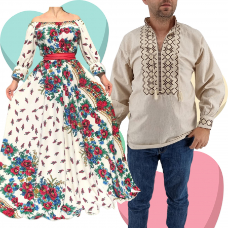 Set cuplu - Set Cuplu Traditional 429 / Camasa Traditionala si Rochie cu motive traditionale