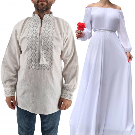 Set cuplu - Set Cuplu Traditional 431 / Camasa Traditionala si Rochie Lunga Alba