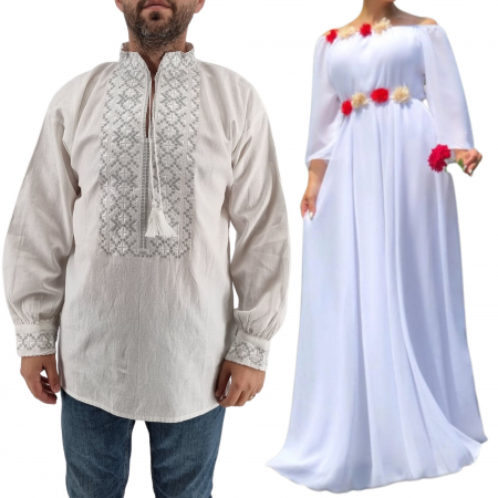Set cuplu - Set Cuplu Traditional 432 / Camasa Traditionala si Rochie Lunga Alba