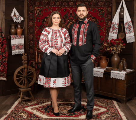 Традиционен комплект - Set Cuplu Traditional 76 / Camasa Traditionala si Rochie cu motive traditionale