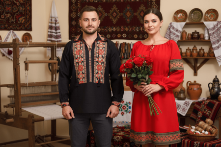Традиционен комплект - Set Cuplu Traditional 78 / Camasa Traditionala si Rochie cu motive traditionale