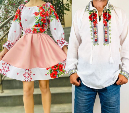Традиционен комплект - Set Cuplu Traditional 77 / Camasa Traditionala si Rochie cu motive traditionale