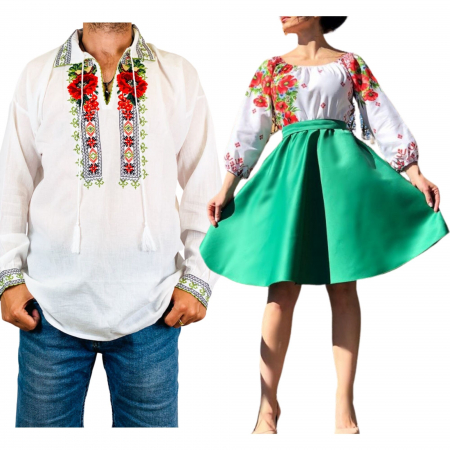 Set cuplu - Set Cuplu Traditional 149 / Camasa Traditionala si Rochie cu motive traditionale
