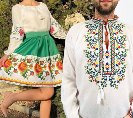 Традиционен комплект - Set Cuplu Traditional 80 / Camasa Traditionala si Rochie cu motive traditionale