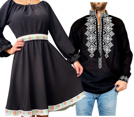 Set cuplu - Set Cuplu Traditional 85 / Camasa Traditionala si Rochie cu motive traditionale