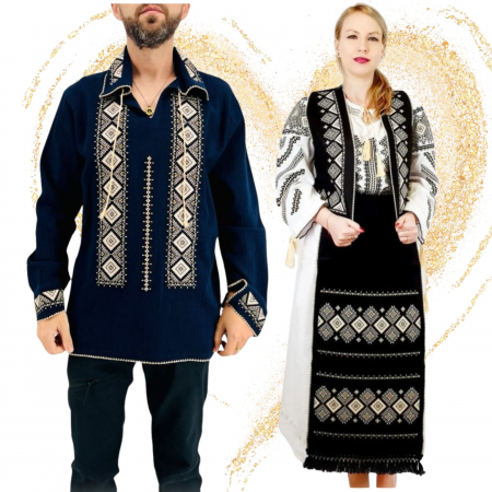 Комплект за двойка - Set Traditional Cuplu 583 / Camasa traditionale cu broderie si Costum Dama complet