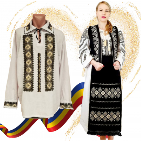Комплект за двойка - Set Traditional Cuplu 584 / Camasa traditionale cu broderie si Costum Dama complet