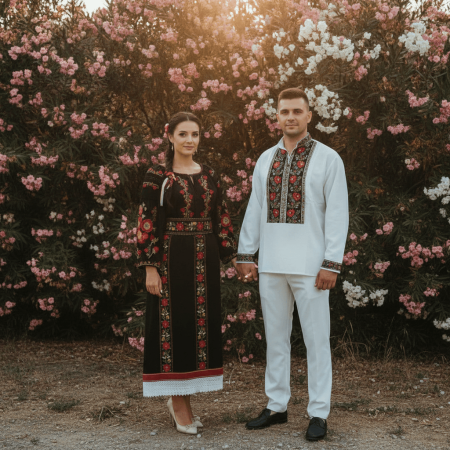 Традиционен комплект - Set Traditional Cuplu 671/ Camasi traditionale cu broderie si Catrinta si Pantaloni