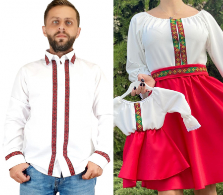 Set intreaga familie - Set Traditional tata - mama - fiica / Camasa , rochie mama si rochita fetita