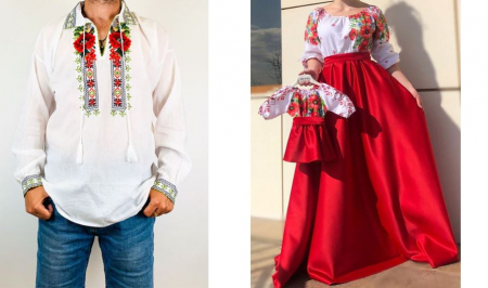 Set intreaga familie - Set Traditional cu maci Familie / Camasa , rochie mama si rochita fetita