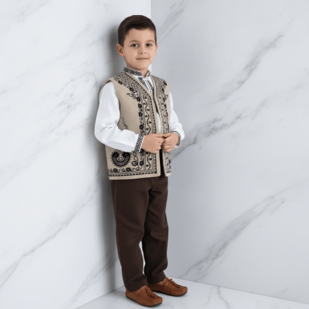 Veste - Vesta crem traditionala pentru copii cu broderie neagra