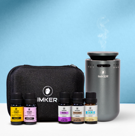Difuzor parfum auto profesional - Pachet aparat de odorizare/difuzor profesional de parfum pentru masina/casa IMKER AromaLUX XS04.AC, geanta si cinci rezerve de parfum