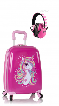 Set produse - Set Troler pentru copii cu 4 roti Heys Fashion Unicorn + Casti antifonice pentru copii Muffy Roz