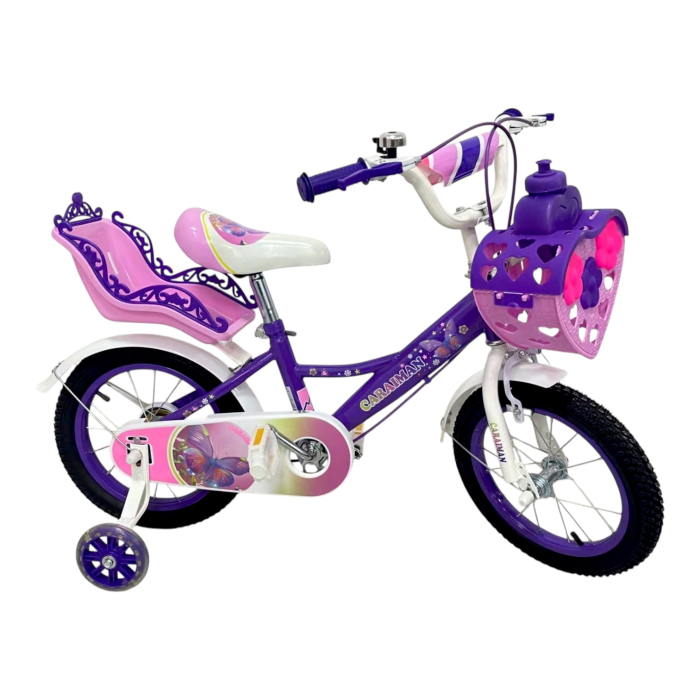 Bicicletă copii mov Caraiman 12 / 14 / 16 inch, cu roți ajutătoare, coș și scăunel păpușă [4]