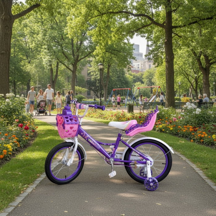 Bicicletă copii mov Caraiman 12 / 14 / 16 inch, cu roți ajutătoare, coș și scăunel păpușă [5]