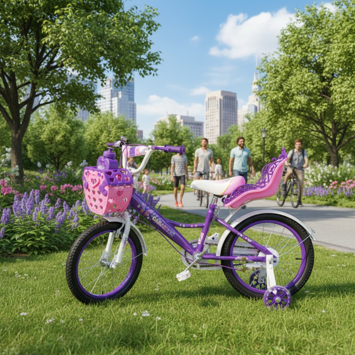 Bicicletă copii mov Caraiman 12 / 14 / 16 inch, cu roți ajutătoare, coș și scăunel păpușă [6]