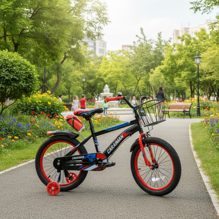 Bicicletă copii Caraiman 16 / 18 inch, roți ajutătoare, coș față și bidon apă, roșie [3]