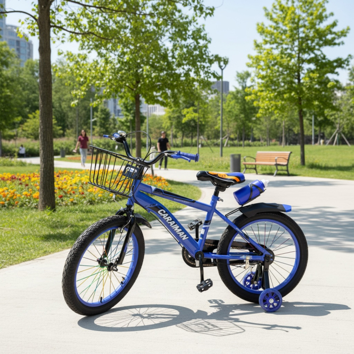 Bicicletă copii Caraiman 16 / 18 inch, roți ajutătoare, coș față și bidon apă, albastru [3]