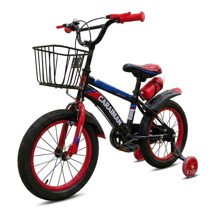 Bicicletă copii roșie 12 / 14 inch, cu roți ajutătoare, coș față, bidon apă, Caraiman [5]