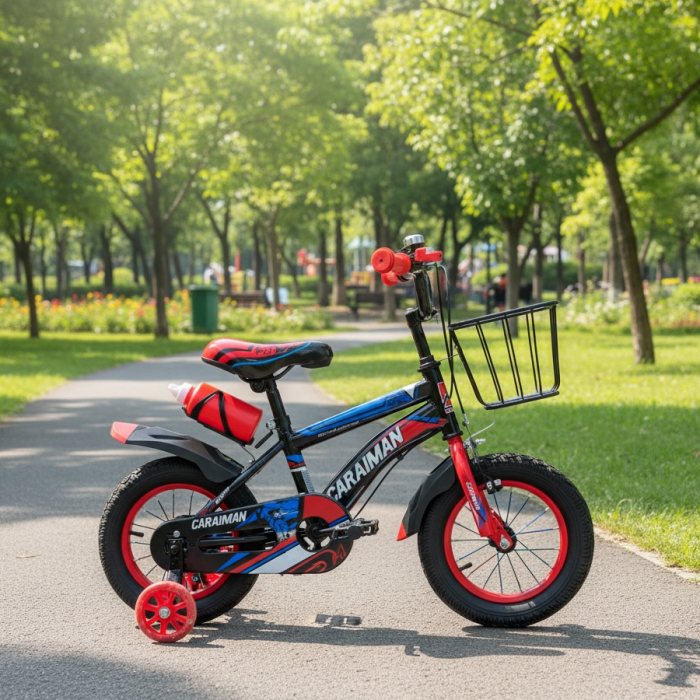 Bicicletă copii roșie 12 / 14 inch, cu roți ajutătoare, coș față, bidon apă, Caraiman [4]