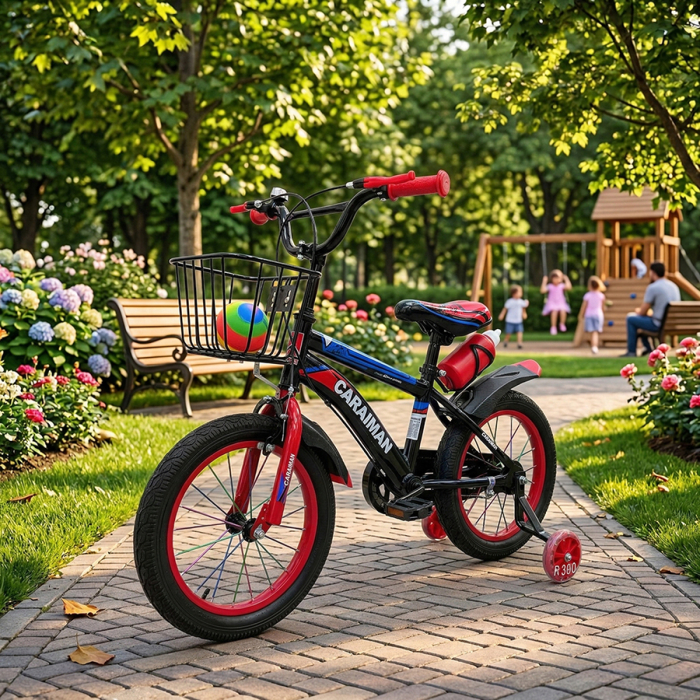 Bicicletă copii roșie 12 / 14 inch, cu roți ajutătoare, coș față, bidon apă, Caraiman [3]