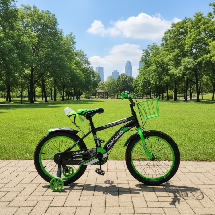 Bicicletă copii Caraiman 16 / 18 inch, roți ajutătoare, coș față și bidon apă, verde [3]