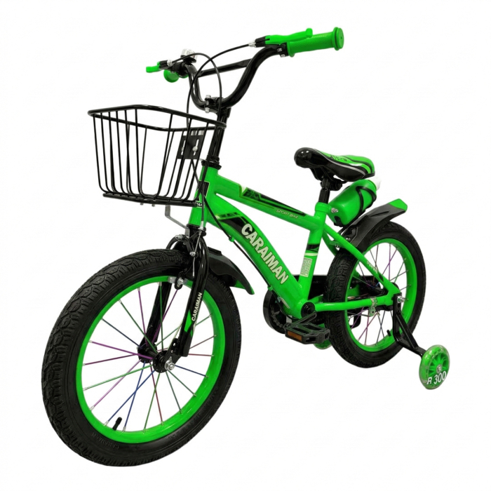 Bicicletă copii verde 12 / 14 inch, cu roți ajutătoare, coș față, bidon apă, Caraiman [4]