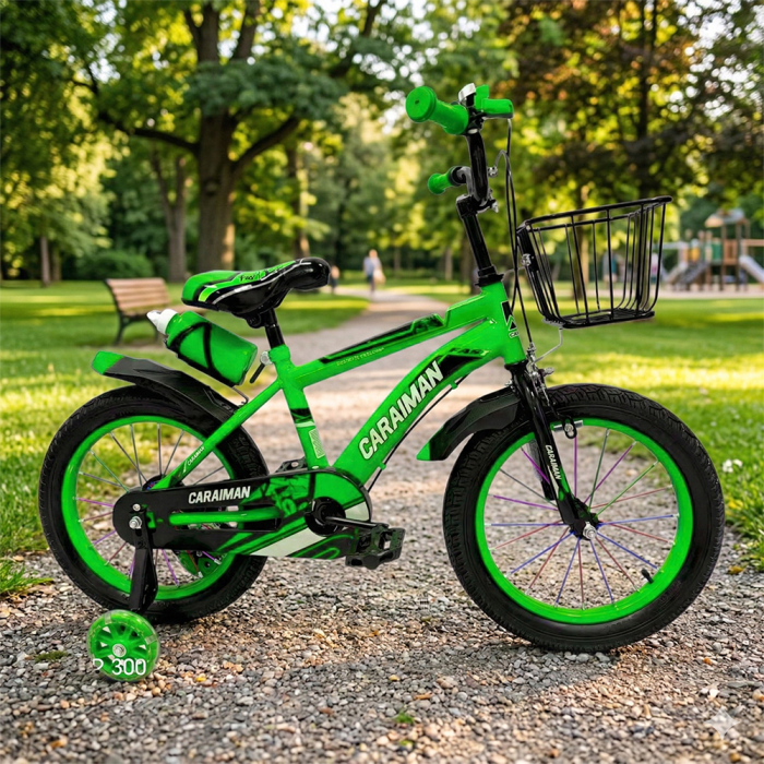 Bicicletă copii verde 12 / 14 inch, cu roți ajutătoare, coș față, bidon apă, Caraiman [3]
