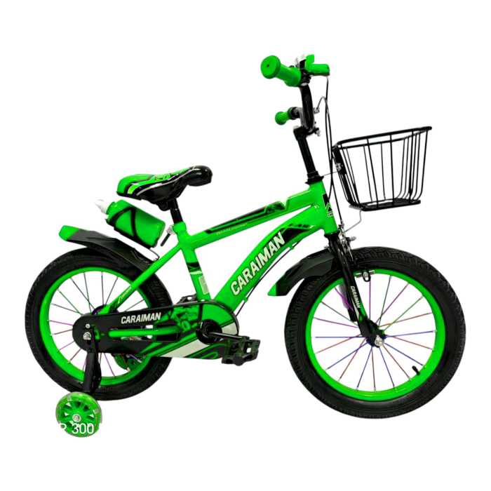 Bicicletă copii verde 12 / 14 inch, cu roți ajutătoare, coș față, bidon apă, Caraiman [2]