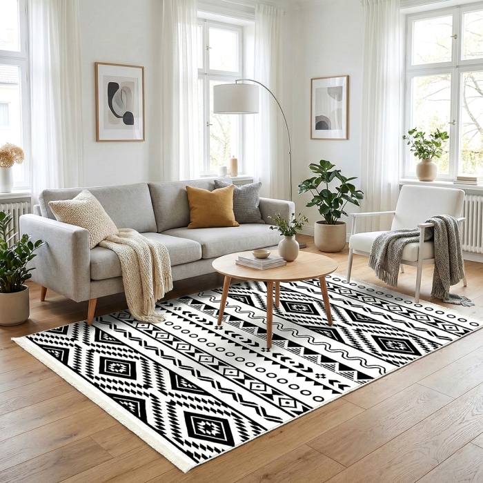 Covor cameră antiderapant, etnic alb-negru, Model Tribal [2]