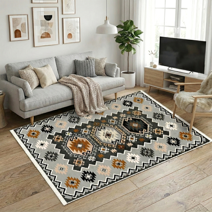 Covor cameră antiderapant, etnic gri, model Atlas [2]