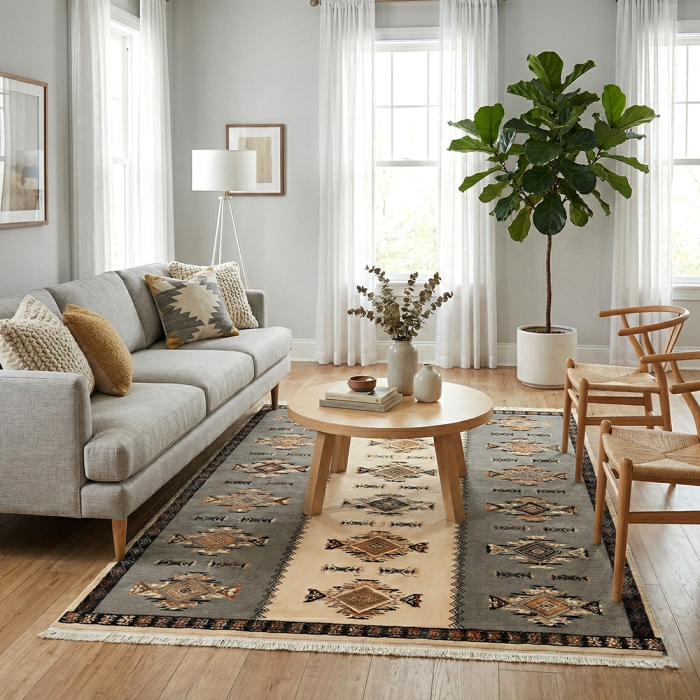 Covor cameră antiderapant, gri-bej, Model Etnic [2]