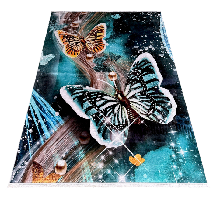 Covor cameră antiderapant, Model Fluturi Turcoaz, mai multe dimensiuni [7]