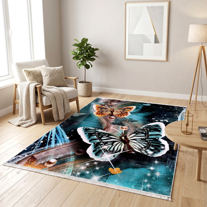 Covor cameră antiderapant, Model Fluturi Turcoaz, mai multe dimensiuni [2]