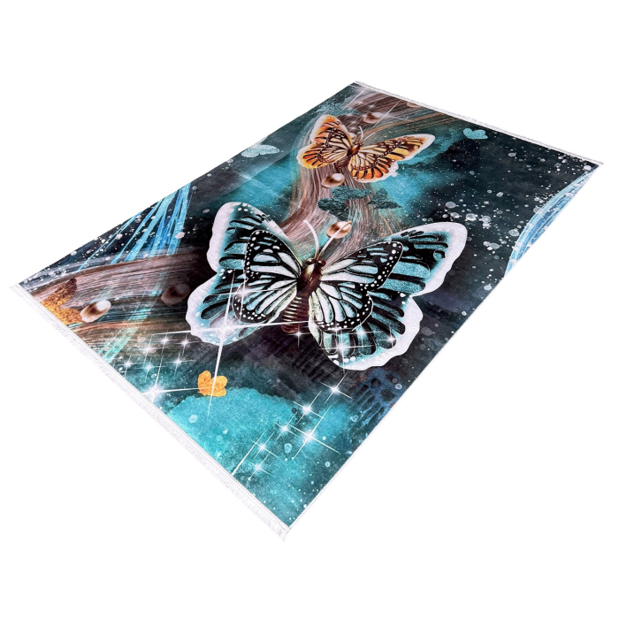 Covor cameră antiderapant, Model Fluturi Turcoaz, mai multe dimensiuni [9]