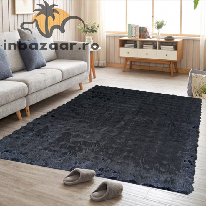 Covor pufos imitație blană de iepure 3D negru CFF141 [5]