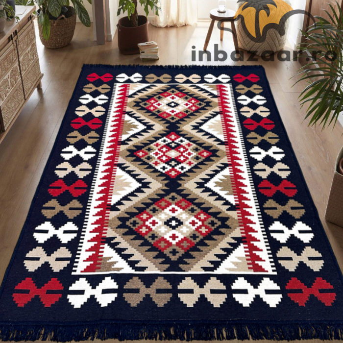 Covor rustic tradițional, 2 fețe, diverse mărimi, Bleumarin [2]
