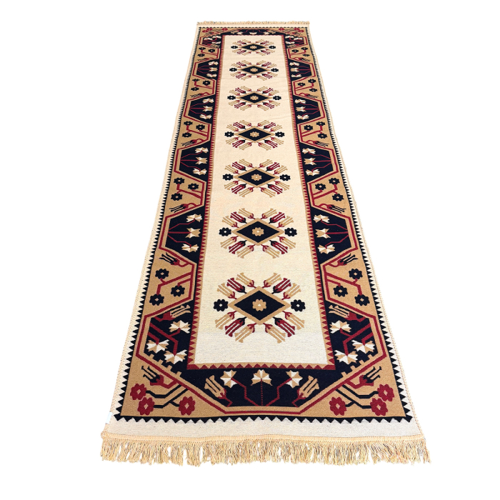 Traversă hol țesută tradițional, 80x300 cm, 2 fețe, model etnic, roșu [4]