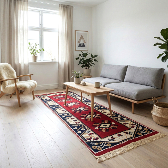 Traversă hol țesută tradițional, 80x300 cm, 2 fețe, model etnic, roșu [2]