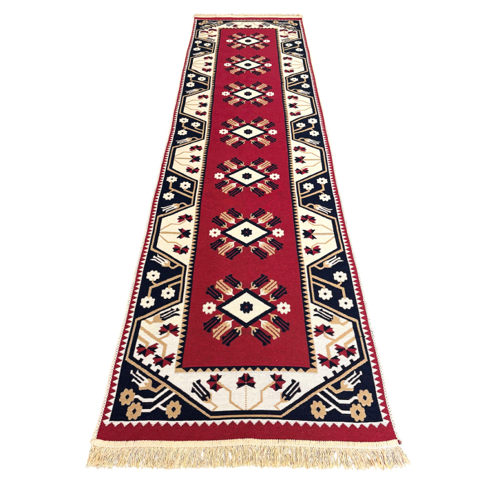 Traversă hol țesută tradițional, 80x300 cm, 2 fețe, model etnic, roșu [3]