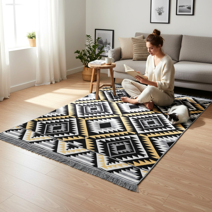 Covor Țesut Tradițional, 2 fețe, Model Boho Etnic Ocru, diverse dimensiuni [6]