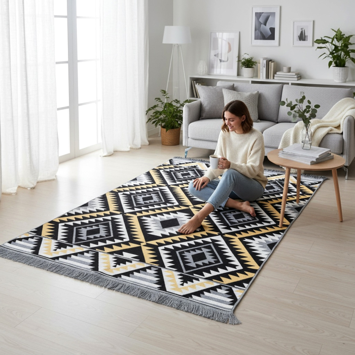 Covor Țesut Tradițional, 2 fețe, Model Boho Etnic Ocru, diverse dimensiuni [5]