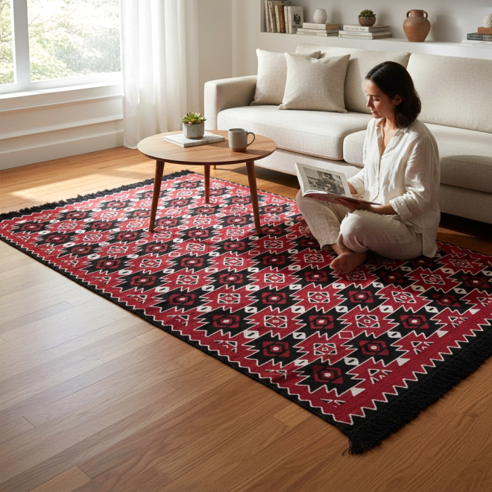 Covor Țesut Tradițional, 2 fețe, Model Kilim Grena Negru, diverse dimensiuni [5]