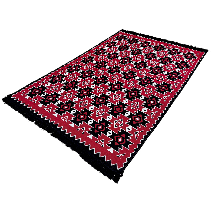 Covor Țesut Tradițional, 2 fețe, Model Kilim Grena Negru, diverse dimensiuni [2]
