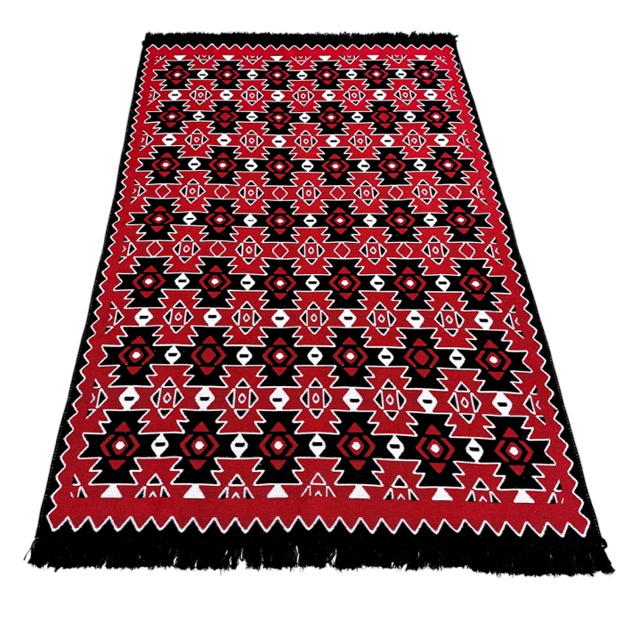 Covor Țesut Tradițional, 2 fețe, Model Kilim Grena Negru, diverse dimensiuni [4]