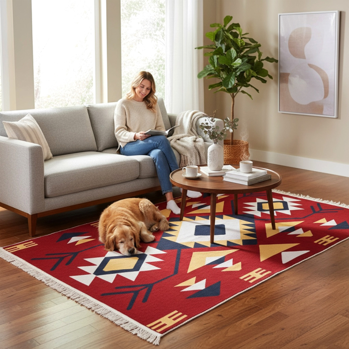 Covor Țesut Tradițional, 2 fețe, Model Etnic Tribal Roșu, diverse dimensiuni [4]