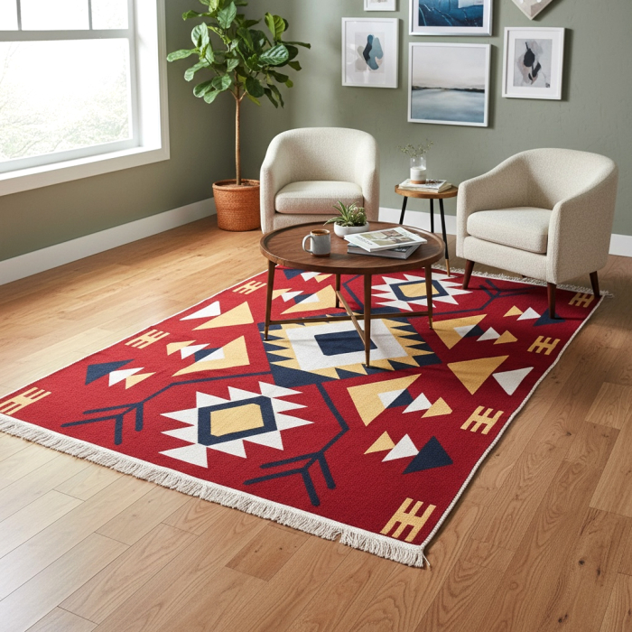 Covor Țesut Tradițional, 2 fețe, Model Etnic Tribal Roșu, diverse dimensiuni [5]