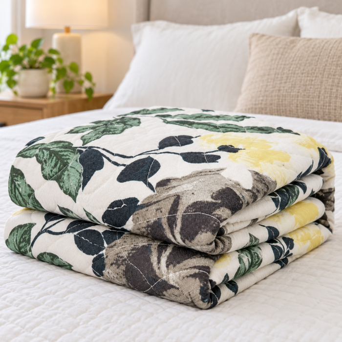 Cuvertură de pat bumbac, 5 piese, model floral crem cu verde, 230x250 cm, CB547 [3]