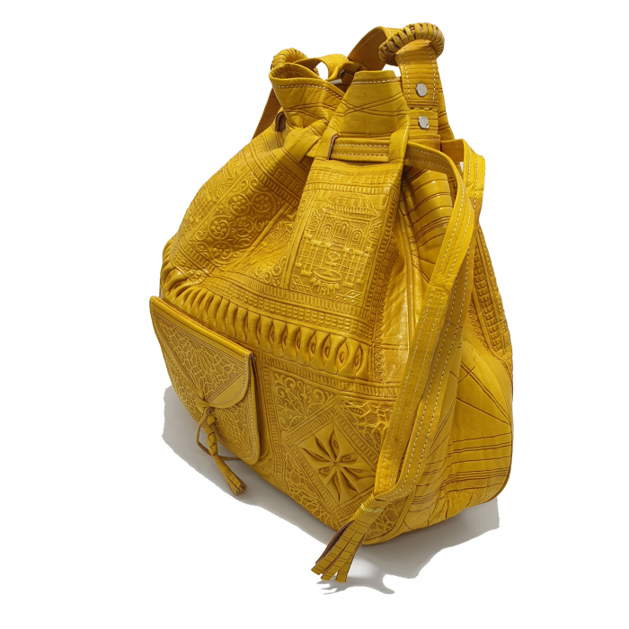 Geantă de umăr bucket marocană din piele, gravată manual, galbenă [2]