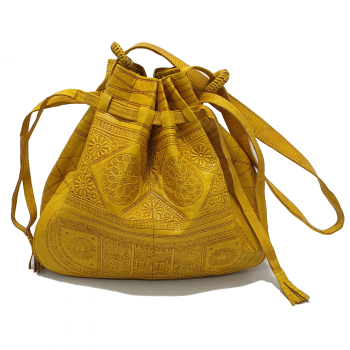 Geantă de umăr bucket marocană din piele, gravată manual, galbenă [3]